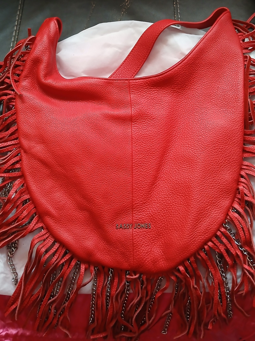 Sassy Jones Red Leather Fringe Shoulder Bag